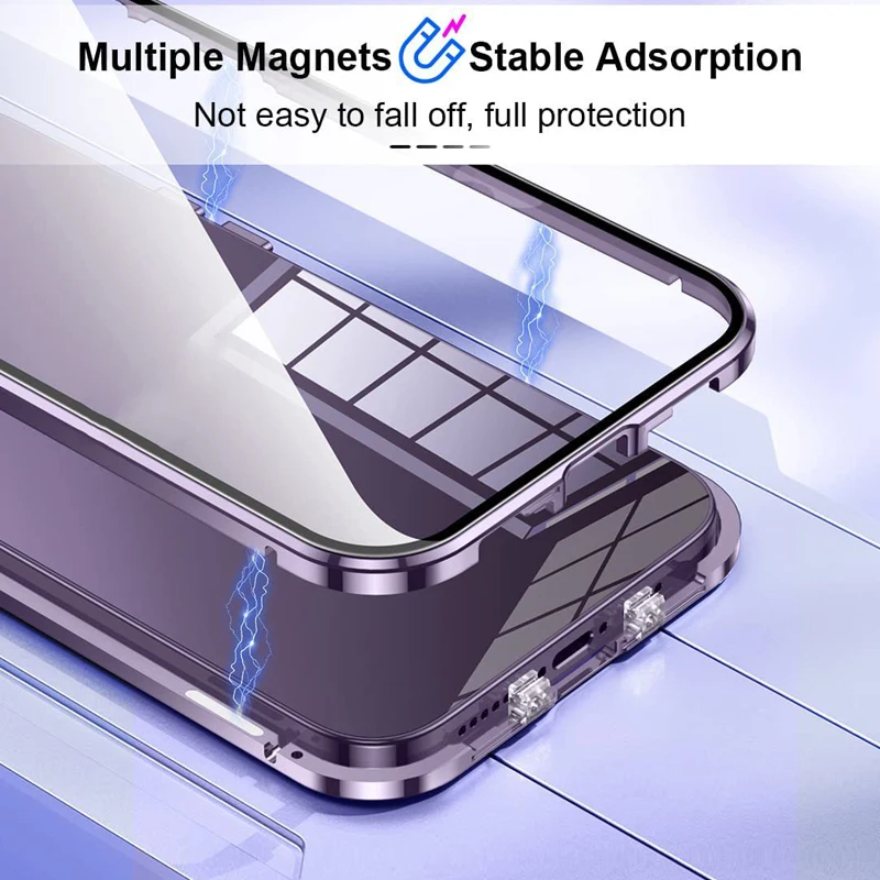 Magnetic Adsorption Metal Double Sided Glass Snap Lock Case For Iphone 15 14 16 13 12 11 Pro Max With Camera Lens Protect Cover