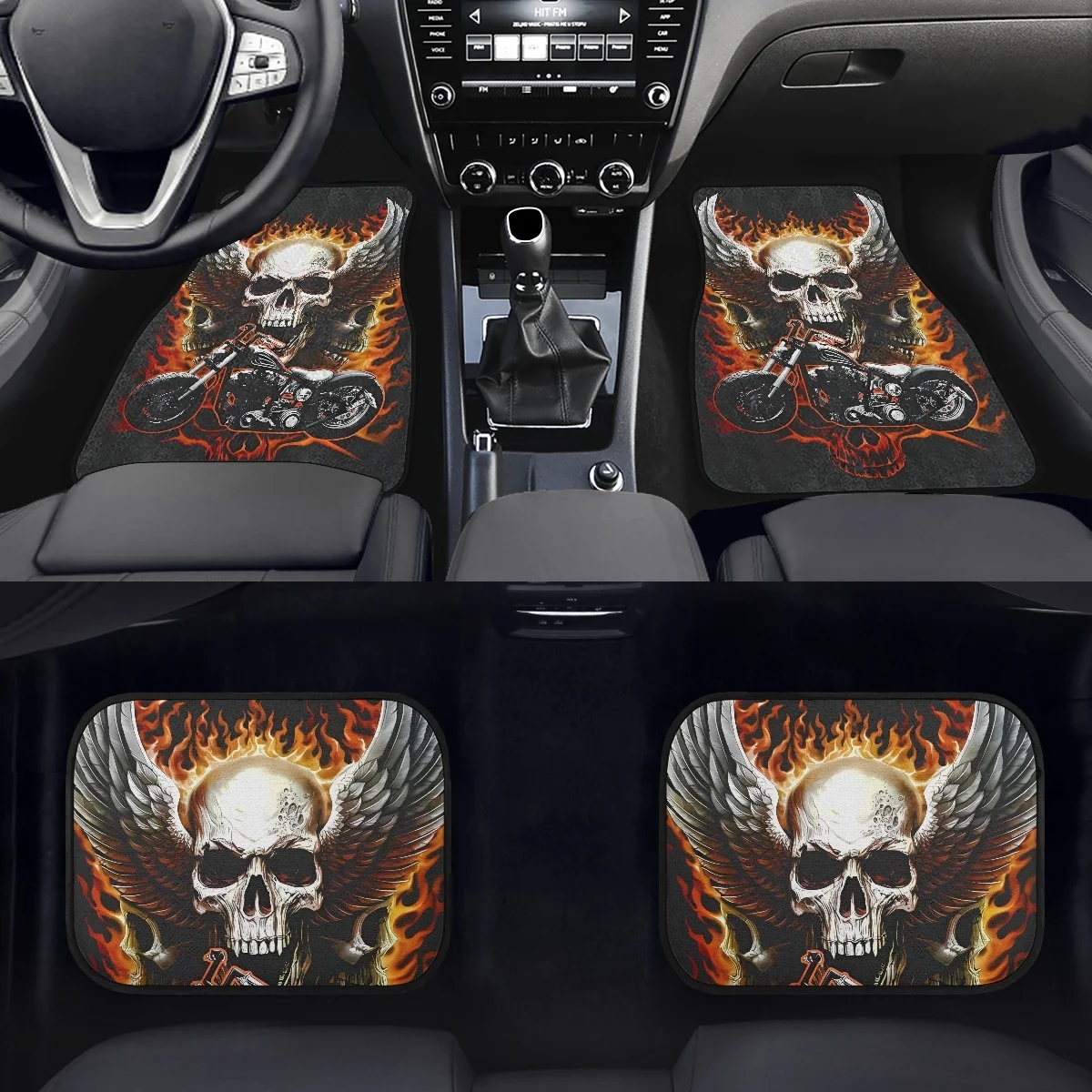 4Pcs Set Car Floor Mats Awesome Skull Motorcycle Car Accessories for Women Men Dirt Resistant Waterproof Front Back Carpet Rug