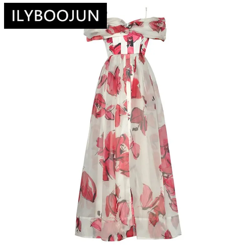 

ILYBOOJUN Summer High Quality New Arrivals Women Dress Chiffon Floral Print Elegant Spaghetti Strap One Word Collar Dresses