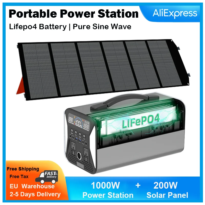 Lifepo4 Battery,Camping Portable Power Bank with Solar panel 1000W + 100W / 1000W+200W, Pure Sine Wave