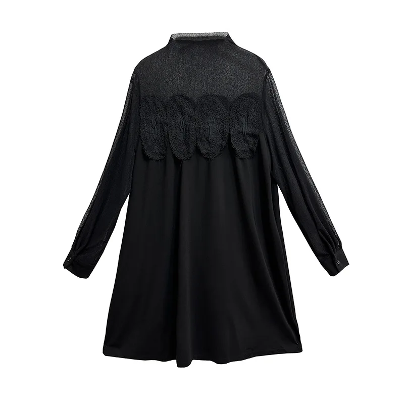 NYFS 2025 ربيع الخريف جديد كوريا فساتين النساء Vestidos رداء Elbise فضفاض حجم كبير شبكة المرقعة فستان الدانتيل #6