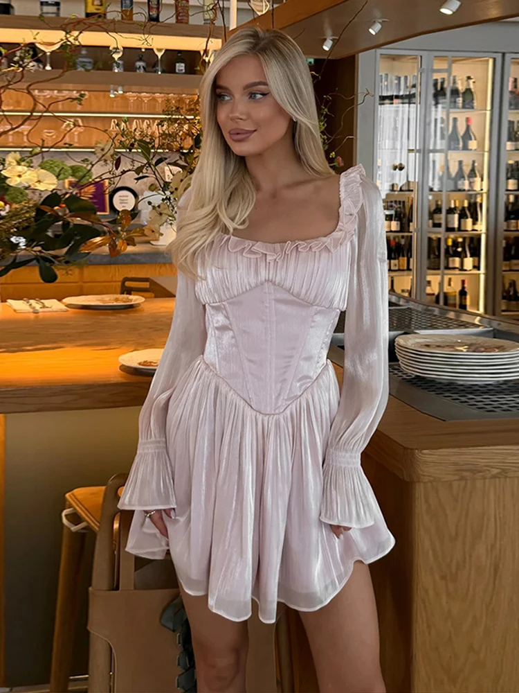 Quadratischer Ausschnitt Rüschen Kurzes Bodycon-Kleid Damen Sexy Laternenärmel Fischgräten-Schnürung Korsett-Kleider Schicke Damen-Partykleidung Robe – Detail 14