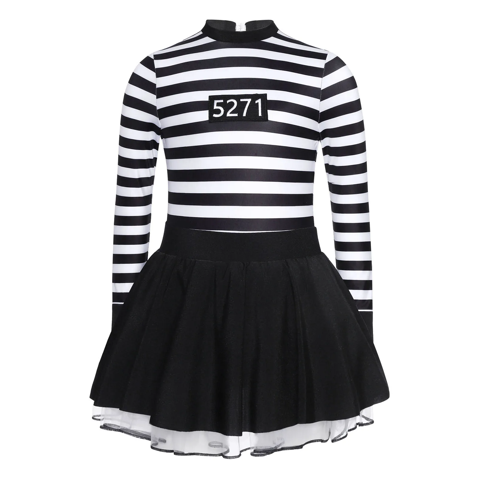 

Halloween Striped Prisoner Dress Costume Round Neck Cut Back Long Sleeve Ruffled Skirt Tutu Inmates Cosplay Skirts