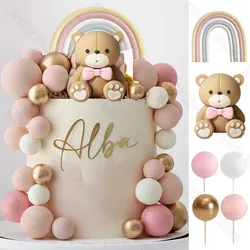 1 Set Pink Bear Cake Toppers Boho Rainbow Nude Baby Pink Balls Cake Decorations for Birthday Baptism Baby Shower Party Favor