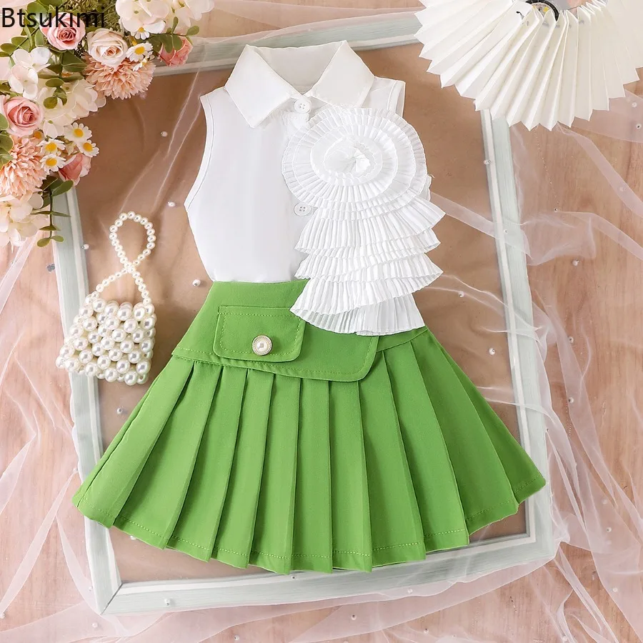 2026 Children Girl's Clothes Set White Lotus Leaf 3D Flower White Polo Top Pleated Skirt Summer 2pcs Sets for Baby Girl Outfit