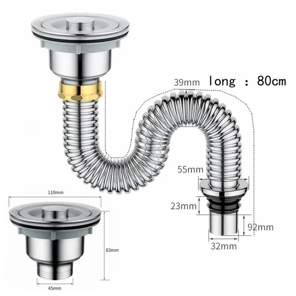 Roestvrijstalen afvoergootsteen Gootsteen Afvoerpijp Koperen dop Afvoerpijp Complete set Zeef Sanitair Leidingen Fittings Home Improvement