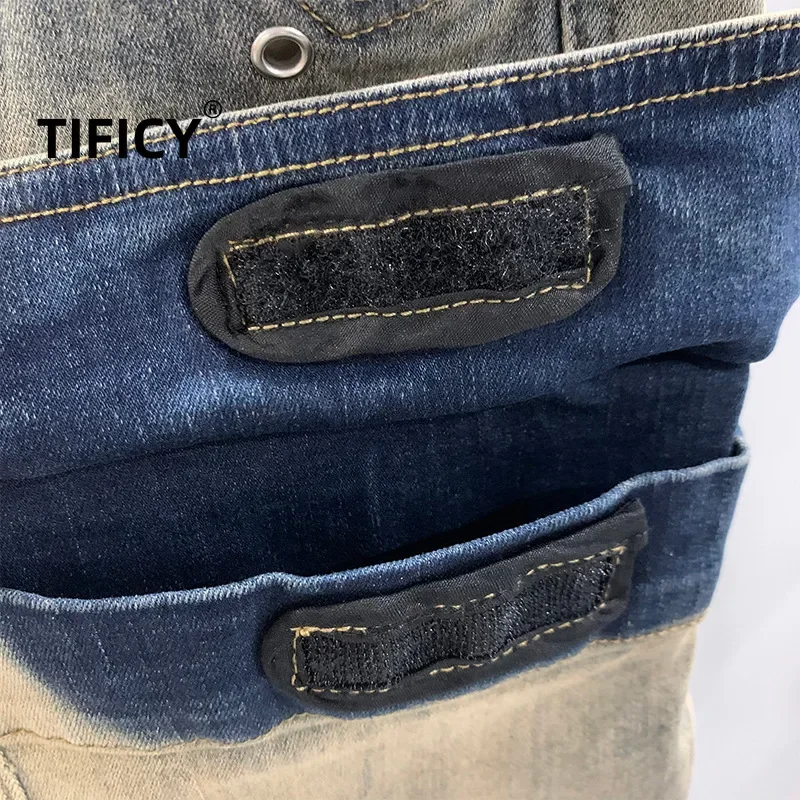 TIFICY High Street New Gradient Contrasting Wide Leg Denim Pants Men and Women Fashionable Multi Pocket Jean Pants Vintage