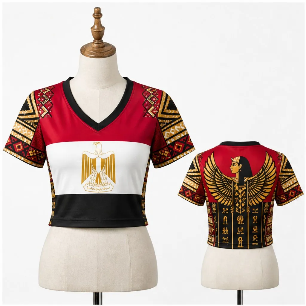 Womens Egypt Flag Eagle Goddess V Neck Cropped Short Sleeve T Shirt Ancient Symbol Graphic Casual Summer Streetwear Fashion Tops