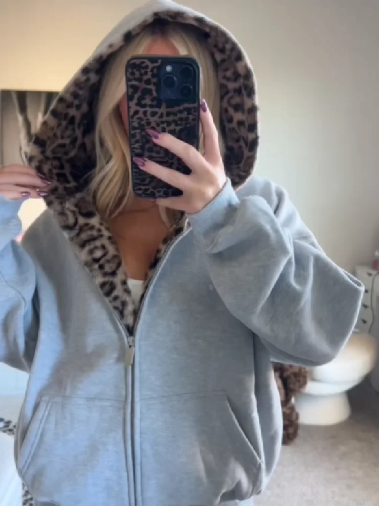 Women Reversible Full Zip Up Hoodie Jacket Leopard Faux Fur Lined Dual‑wear Hooded Sweatshirt Loose Long Sleeve Street Outerwear