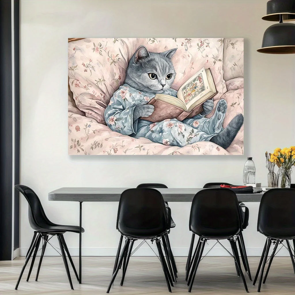 1pc Cozy Cat in Blue Floral Clothing Canvas Art - with Snowy Christmas Truck & Joyful Holiday Adventure,No Frame