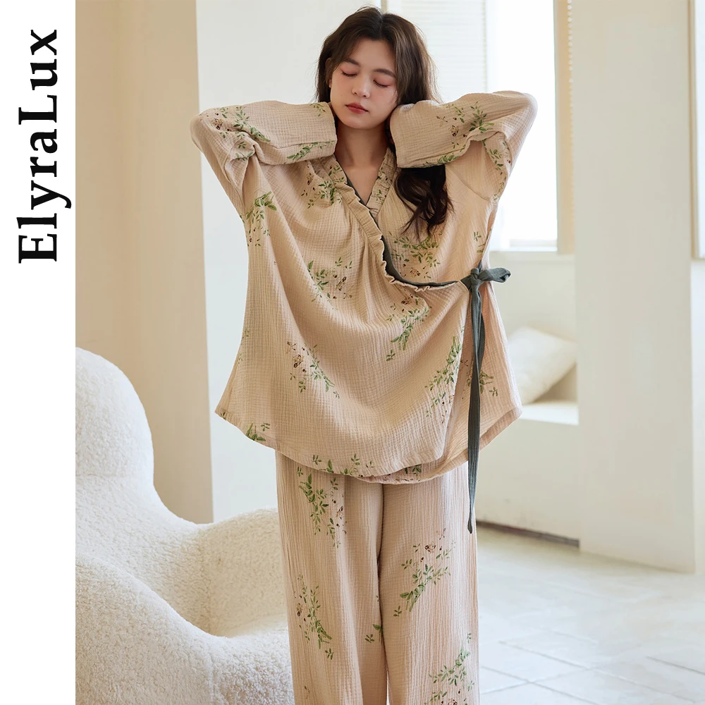 

ElyraLux Women’s Floral Pajama Set Long Sleeve Wrap Top Loose Fit Sleepwear Soft Breathable Loungewear Home Outfit