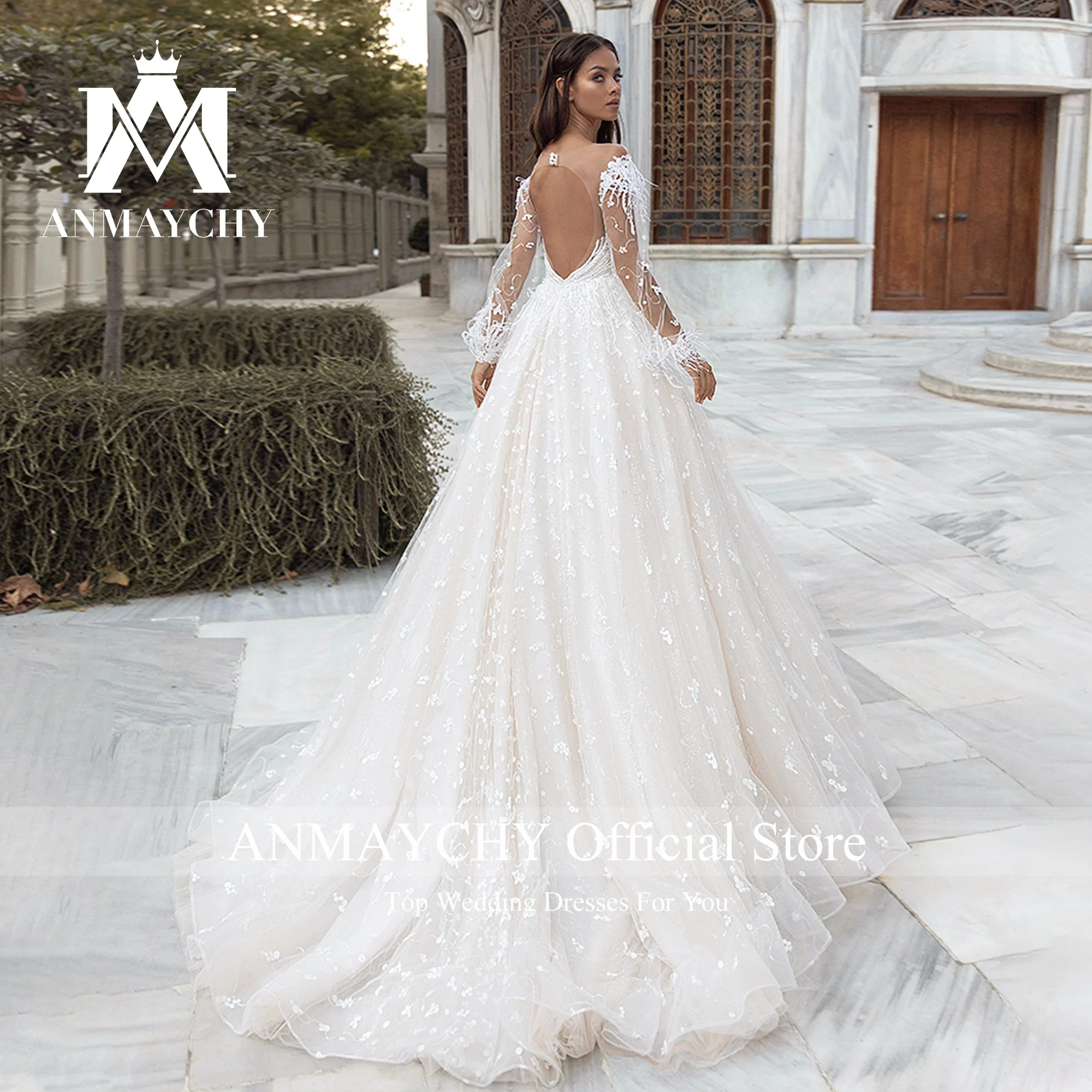 ANMAYCHY A-Line Wedding Dress 2023 Sweetheart Puff Long Sleeve Embroidery Sequined Feathers Wedding Gown Lace Vestidos De Novia