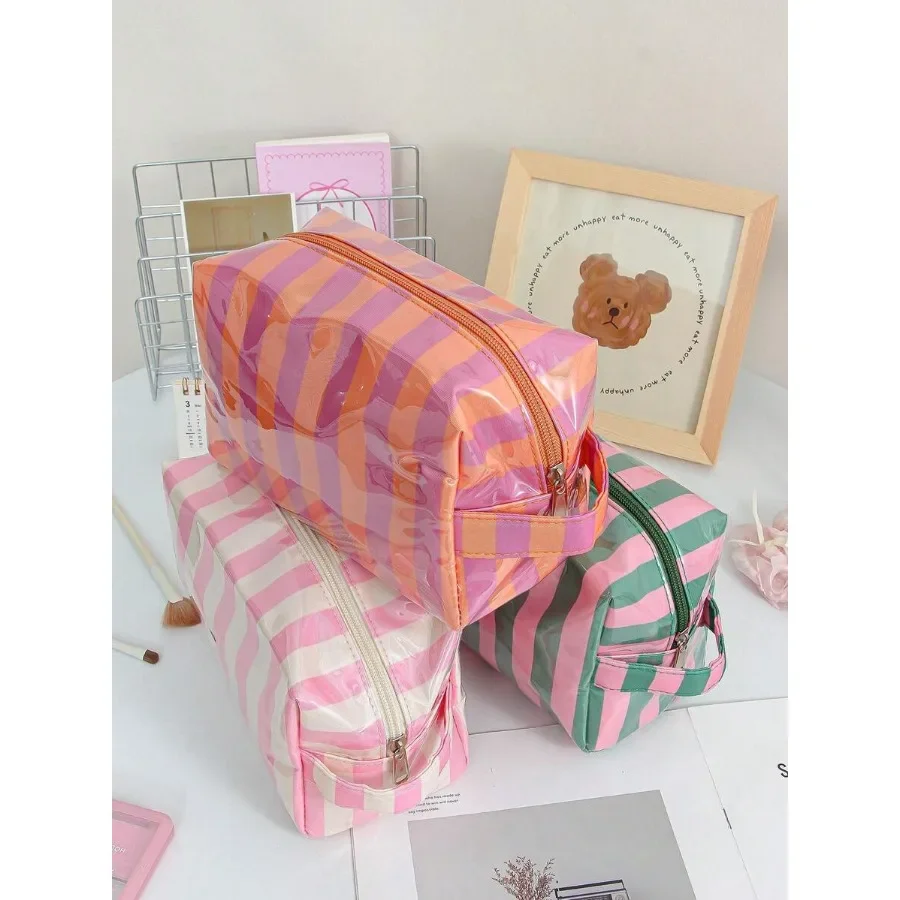 Fashion Striped Design Handheld Makeup Bag, Large Capacity Cosmetic Bag, Skincare Bag, Transparent New Striped Waterproof Desig