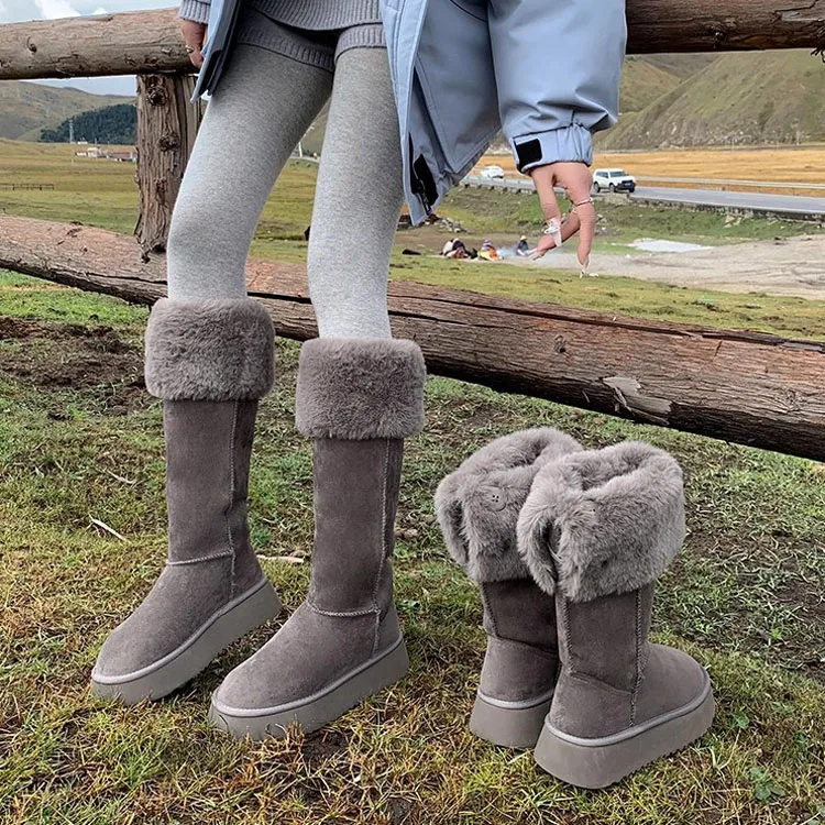 Gray Fleece Lined Thick Winter Snow Boots Women's Long Tube Boots Double Wear Warm Large Cotton Shoes Korean Style Waterproof...