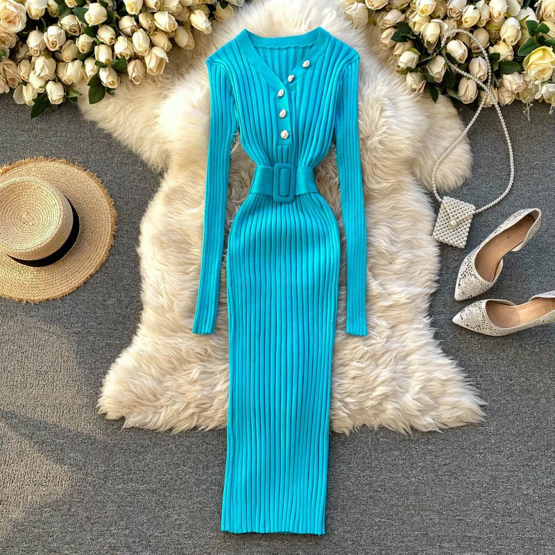 YuooMuoo2024 outono inverno feminino vestido de malha com nervuras elegante com decote em v botões bodycon camisola vestido com cinto senhora escritório vestido