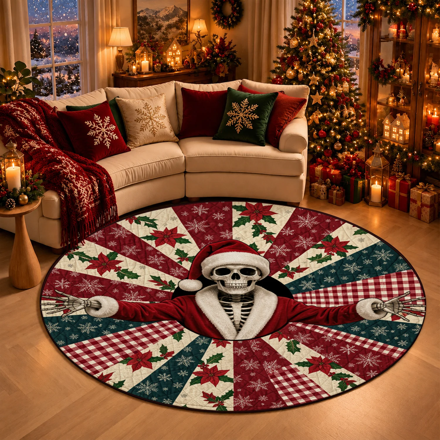Skeleton Santa Poinsettia Snowflake Plaid Tree Skirt Velvet Machine Washable Living Room Dining Area Holiday Party Halloween Thanksgiving Black Friday Cyber Monday Christmas New Year