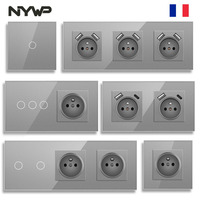 NYWP Touch Light Switch France Sockets USB C Phone Charge Crystal Glass 1/2/3Gang Wall Switches Double Sockets grey