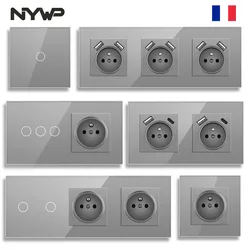 NYWP Touch Light Switch France Sockets USB C Phone Charge Crystal Glass 1/2/3Gang Wall Switches Double Sockets grey