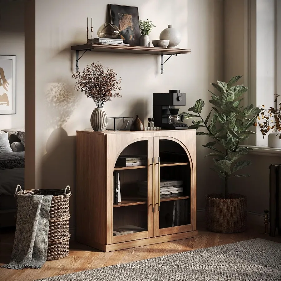 Modular sideboard for living room, kitchen, entryway; tempered arched glass door; camel color; adjustable shelves, concealed st