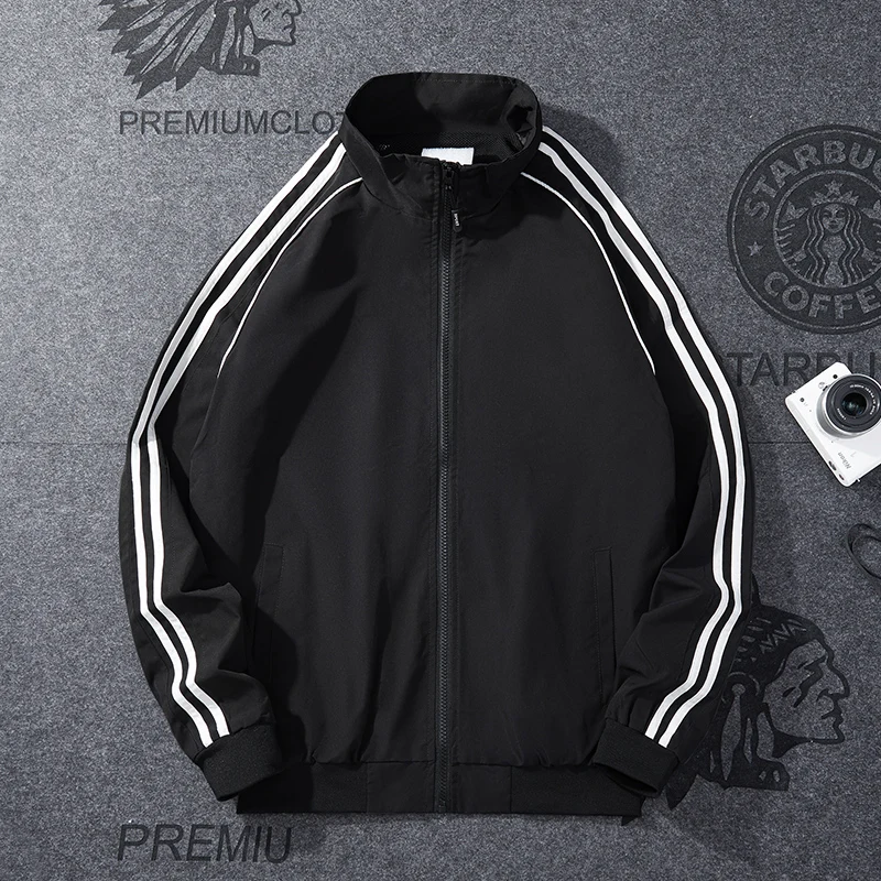 Casual Men's Jacket Stand Collar Spring Autumn New Korean Loose Three Stripe Outdoor Sports Coat Polyester Long Sleeve Zipper