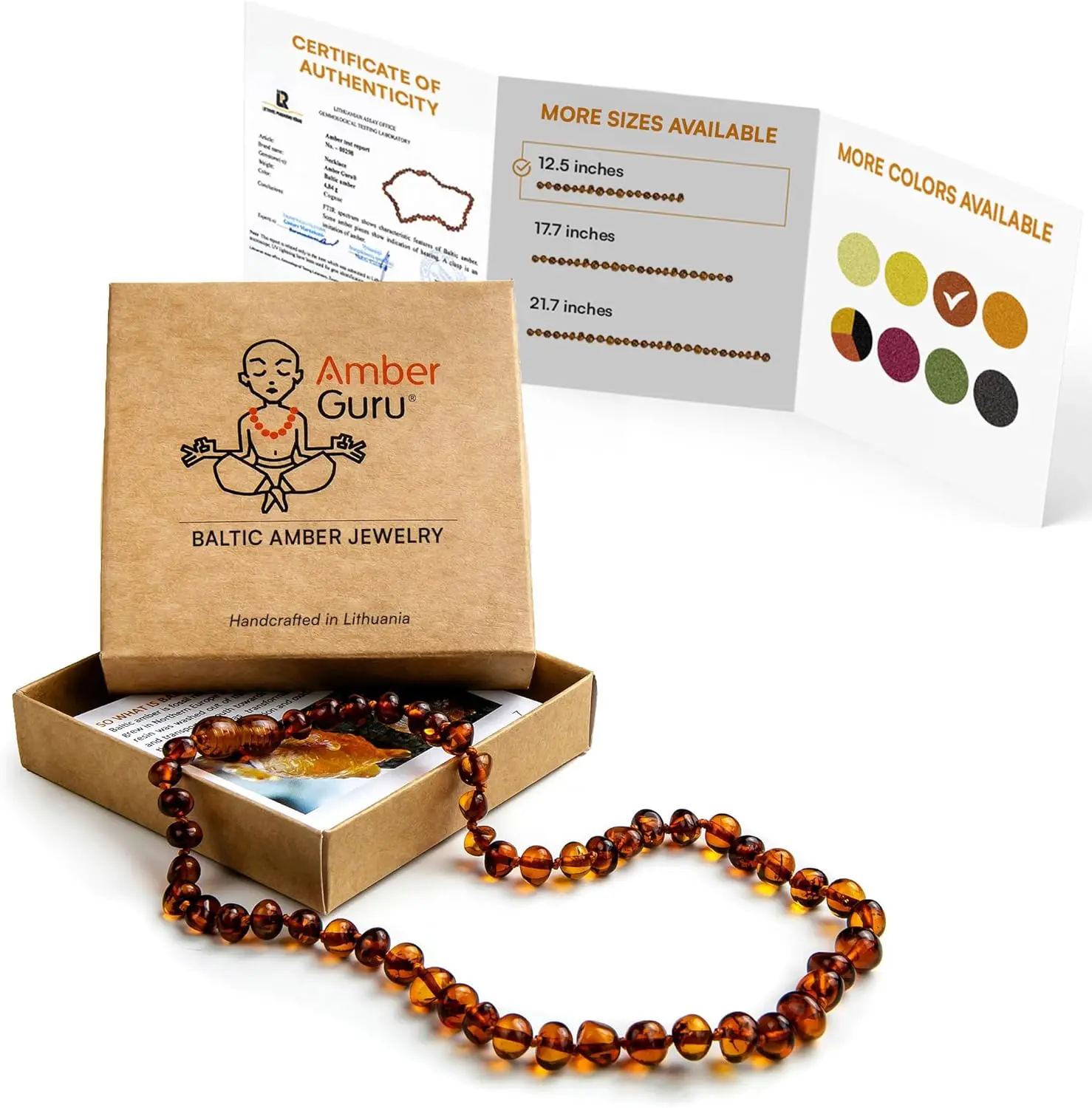 

Ожерелье из балтийского янтаря Amber Guru (подлинное, сертифицированное) - 12,5 дюймов - Унисекс украшение - Полированные бусины из натурального янтаря - Proud to D