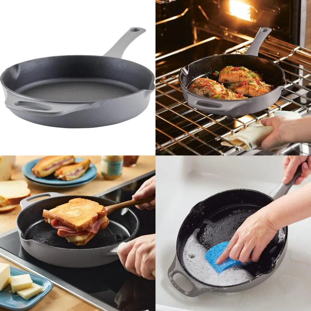 

10 Inch Cast Iron Frying Pan with Helper Handle and Pour Spouts, Gray, Non-Stick Skillet for Cooking