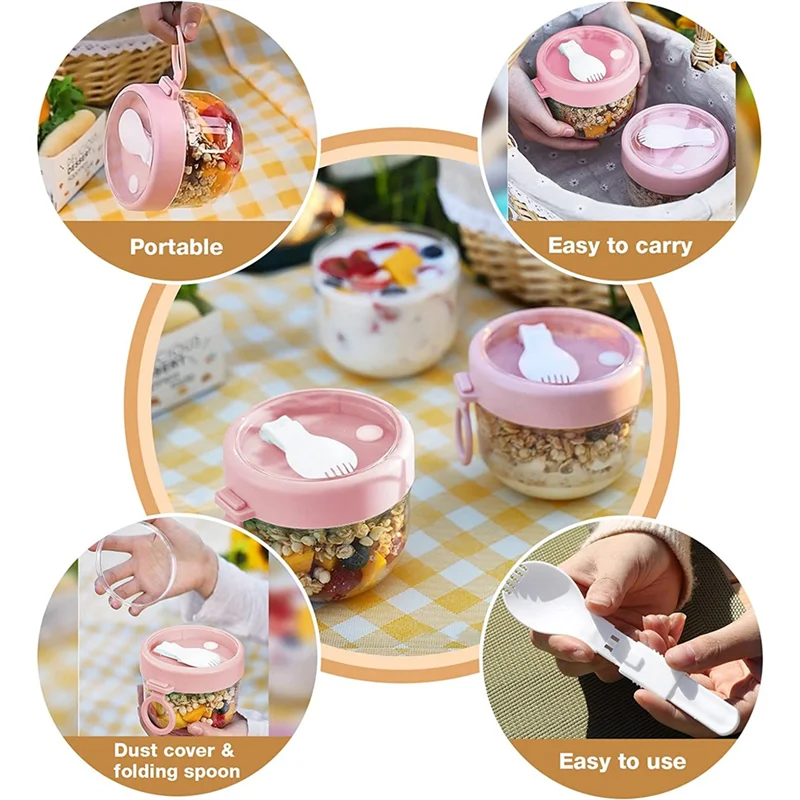 Contenitore per avena notturna da 4 pezzi con coperchi e cucchiai, contenitore per vasetti per avena da 20 Oz per conservare latte, frutta e insalata (rosa)-AT64
