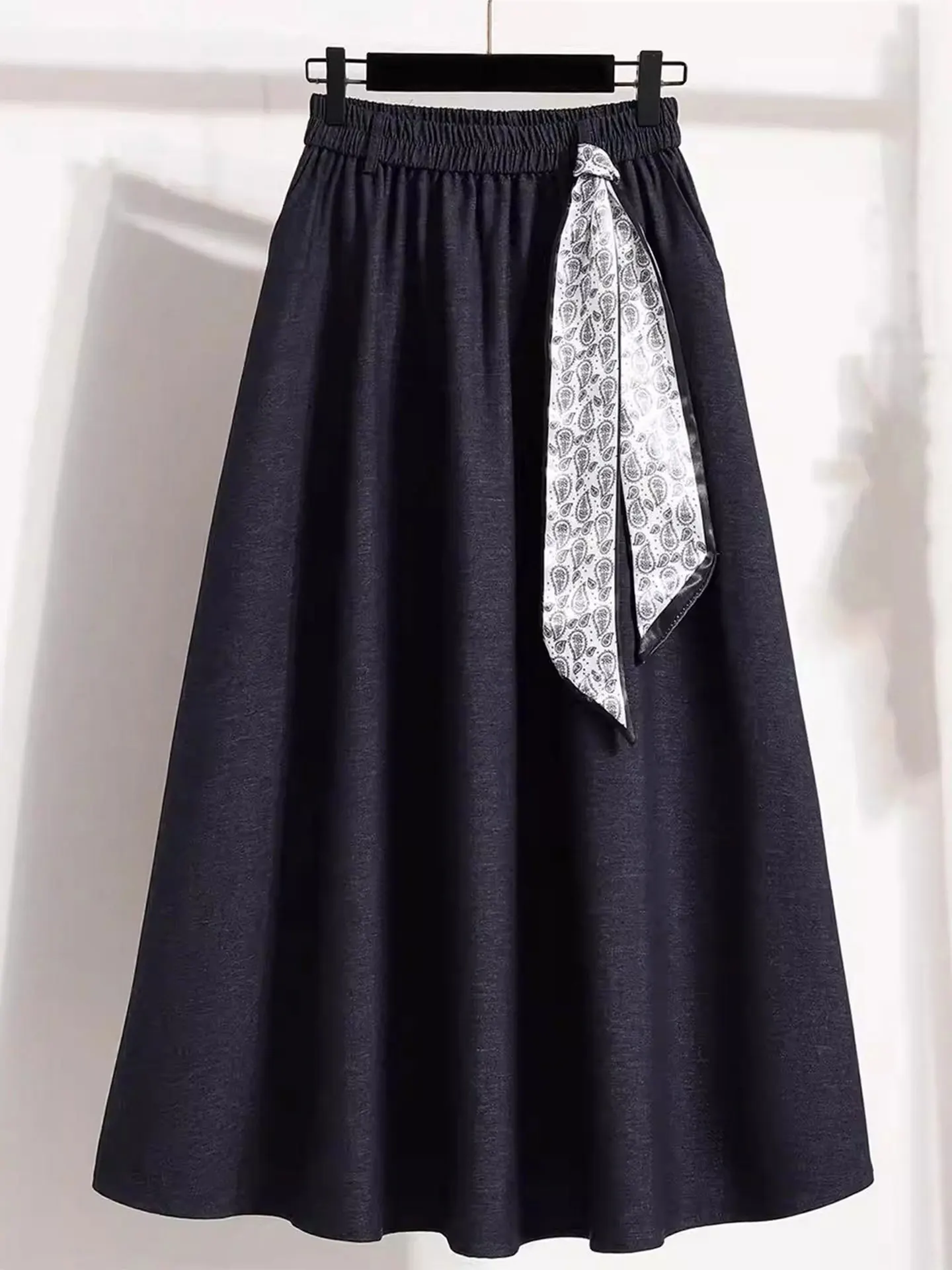 

Джинсовая юбка средней длины королевского синего цвета с поясом-платком из шелка, больших размеров, женская, этнический стиль, повседневная, с высокой талией