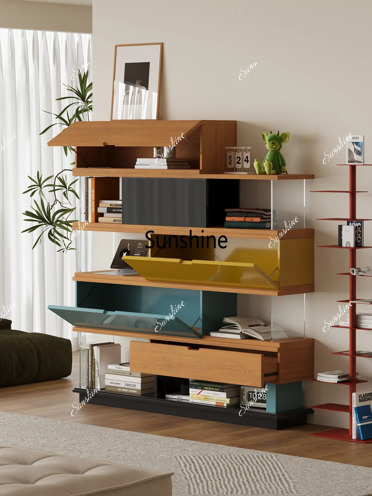 Solid wood glass flip rack color-hopping household living room figure display rack  FT