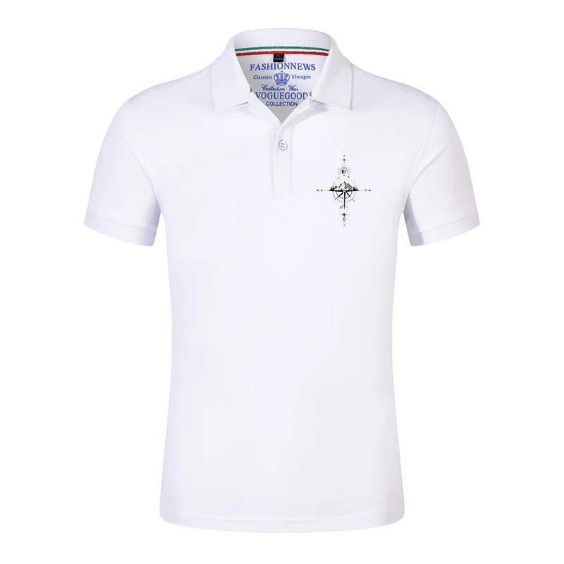 Retro Compass Graphic Logo Print Solid Color Men's Short Sleeved Polo Shirts for Summer Breathable Lapel Collar Premium Top