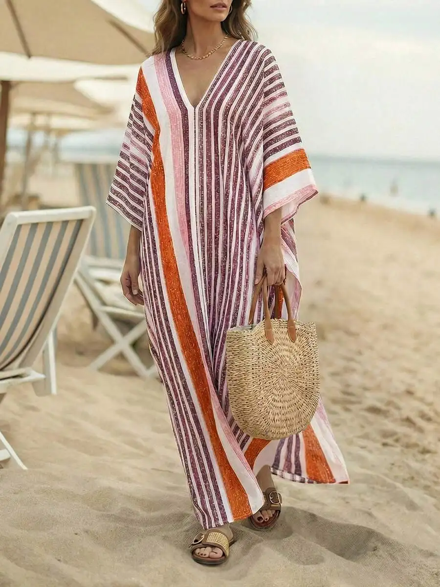 

Womens Striped V-Neck Long Kaftan Beach Cover Up Dress Boho Summer Casual Resort Wear