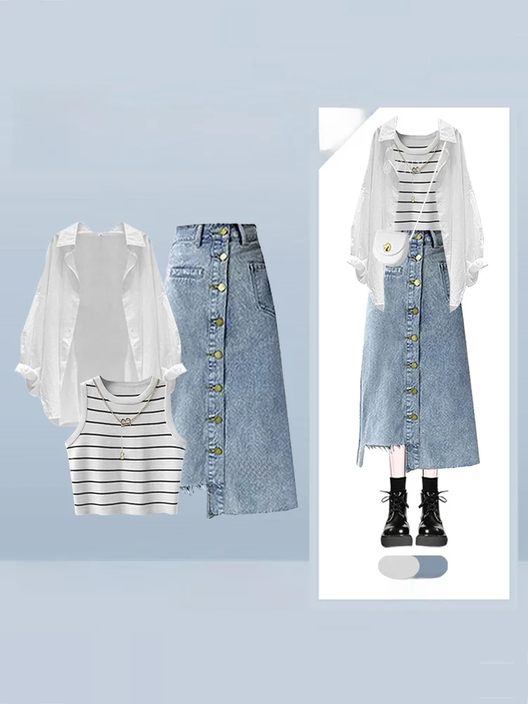 

Свободный вязаный жилет в полоску Jaet с высокой талией, асимметричная джинсовая юбка, комплект из двух предметов, простой женский комплект Faion...