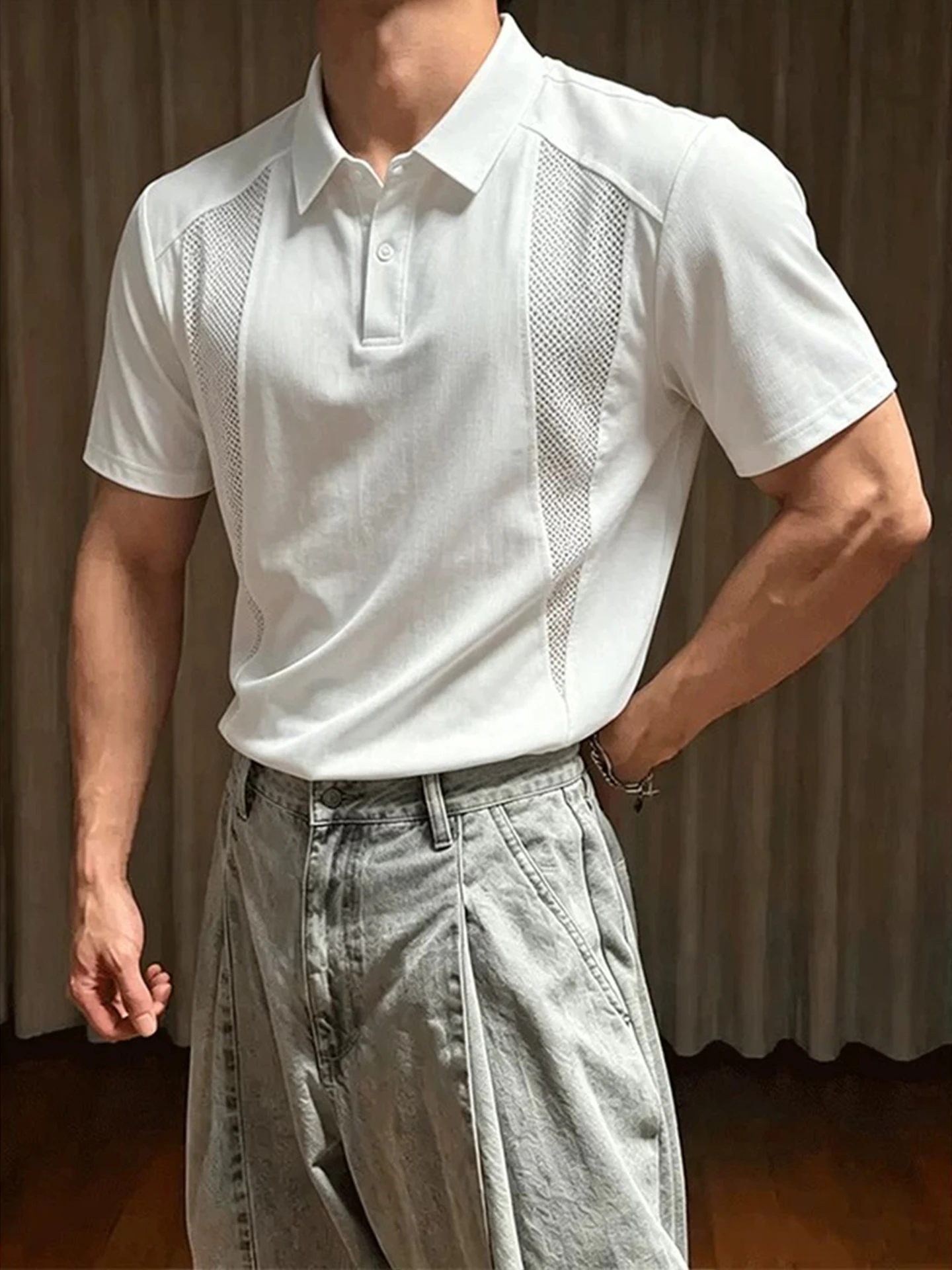 Quick Dry Casual Short Sleeve  Shirt Men's Summer Breathable Mesh Patchwork Flip Collar T-Shirt Lightweight Boxy Fit