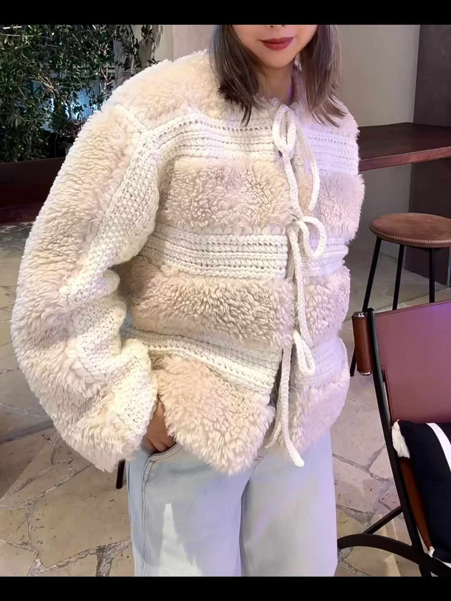 

Warmth Artificial Fur Coat Women's Autumn Winter Knitted Hook Splicing Belted Sweater ort Outerwear Stand Fit Other Mate...