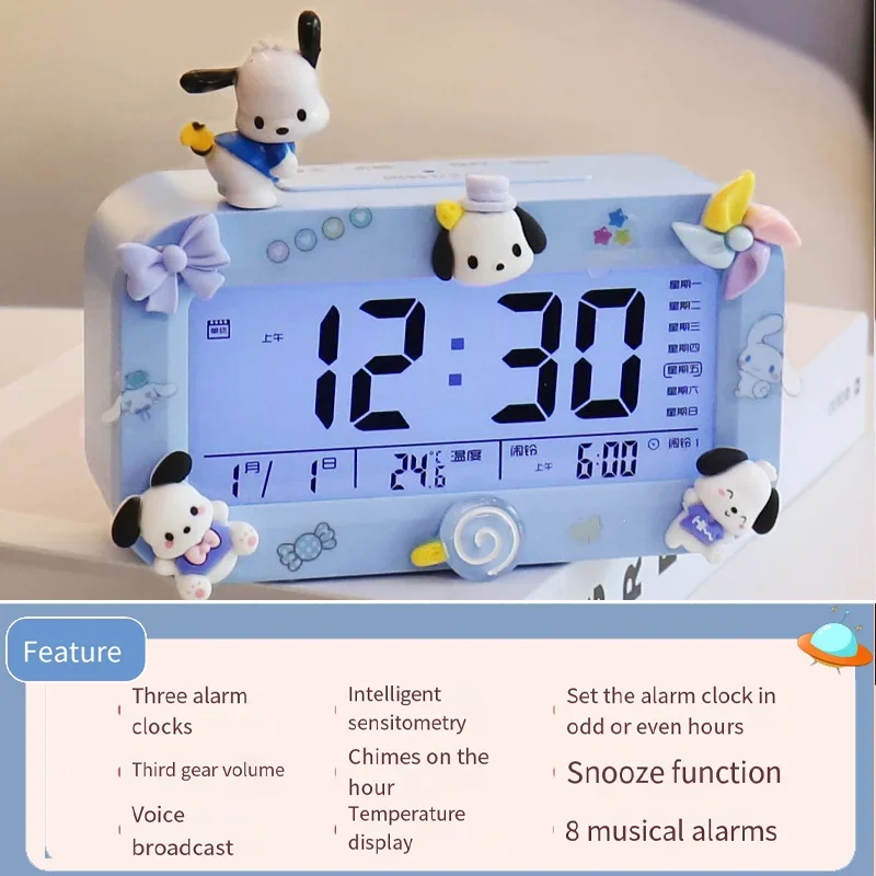 Kawaii Cartoon Cinnamoroll Melody Pochacco Electronic Alarm Clock Desktop Charging Student Clock Self Disciplin Christmas Gift