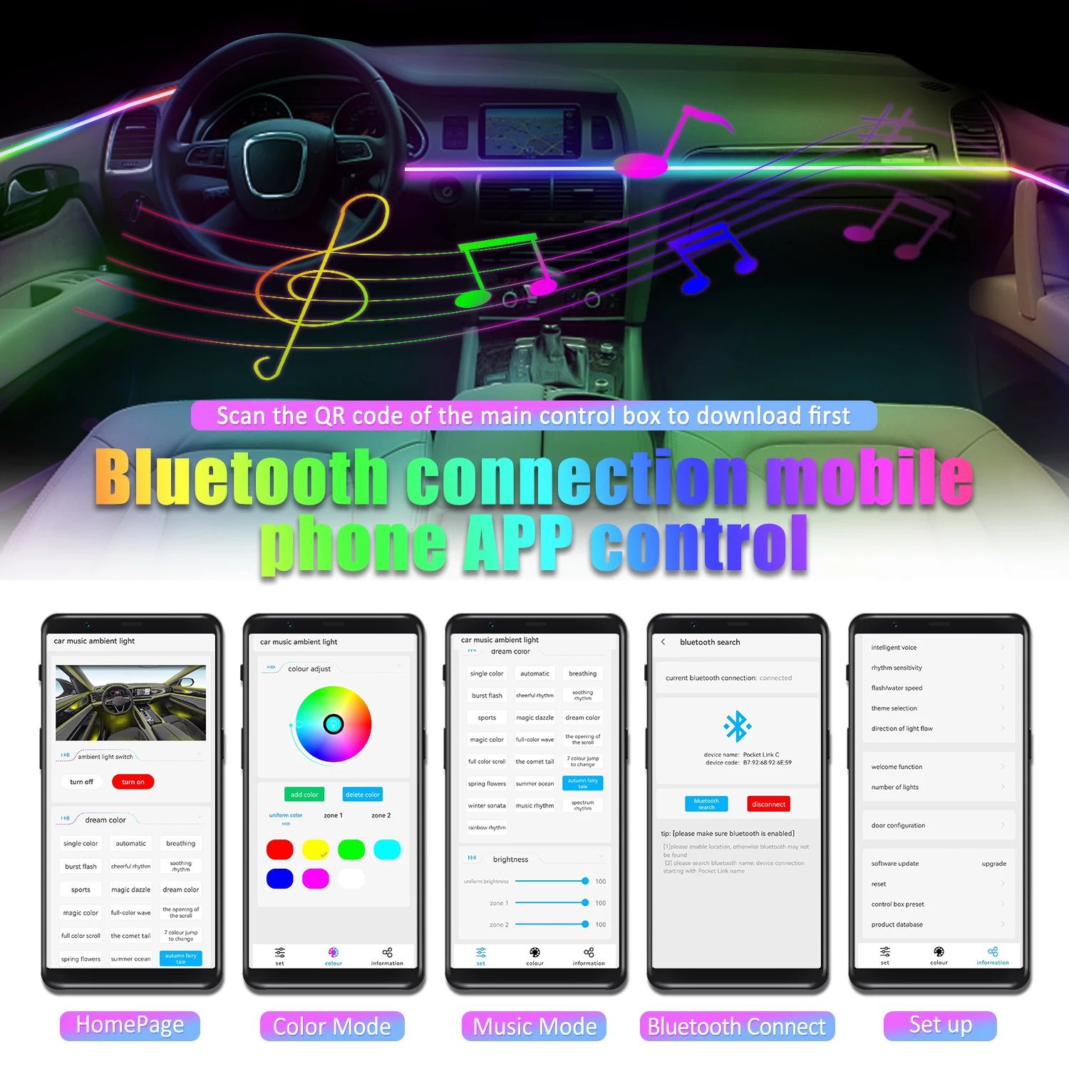 128 Colorful Universal Decoration Car LED Strip Light RGB Fiber Optic Rainbow Ambient Lighting bar（2 Piece 43.3inch/110cm） view 6