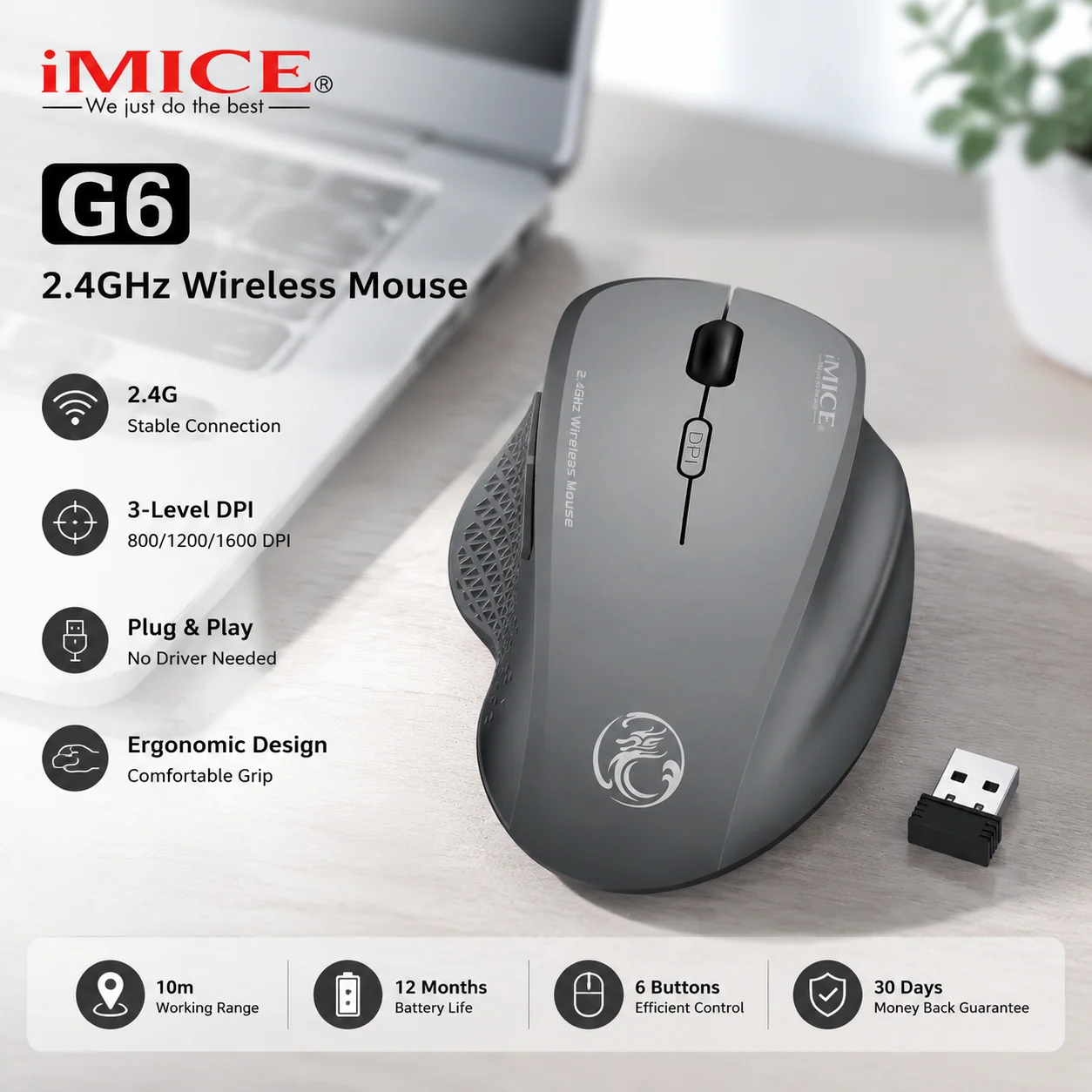 Wireless 2.4GHz Gamer Mouse DPI Adjustable Ergonomic Design With USB Receiver Gaming Mouse For PC Computer Laptop Tablet Macbook