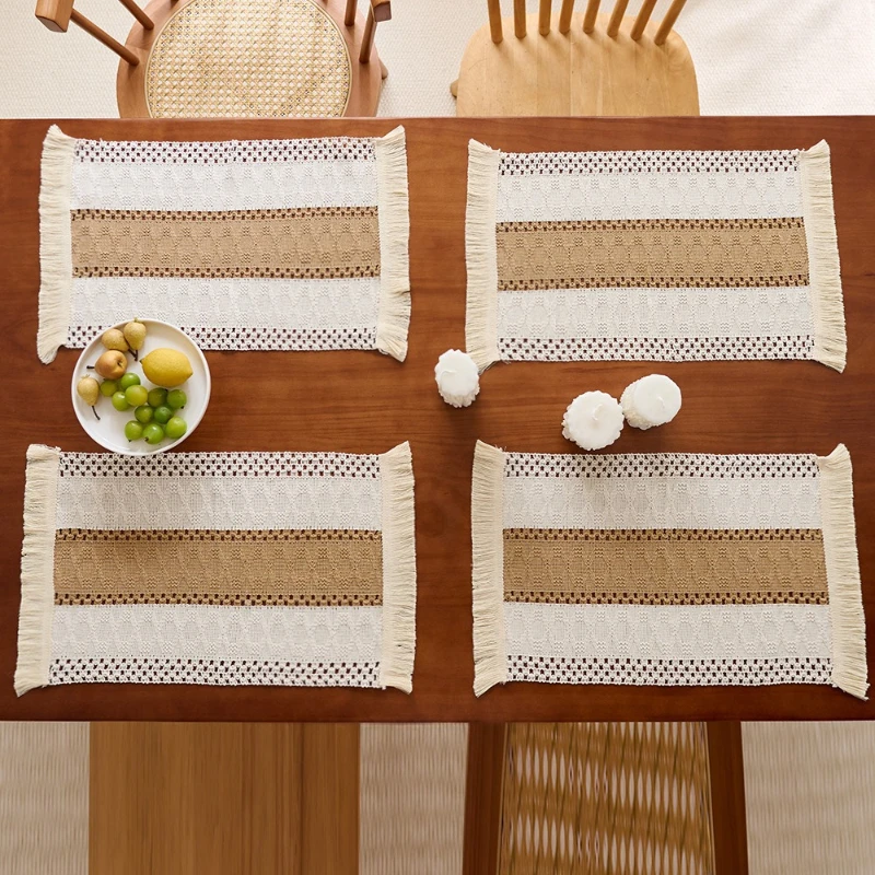 30x50 Boho Cotton Linen Placemats Tassel Fringe Woven Table Mats Heat Resistant Washable Jacquard Place Mats Dining Table Decor