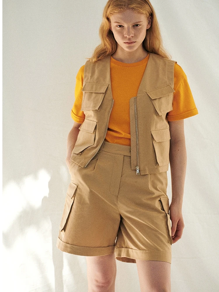 

Рабочий жилет цвета хаки с множеством карманов CUISUYUN, осенняя коллекция, для поездок на работу, с V-образным вырезом, на молнии, из смесового хлопка