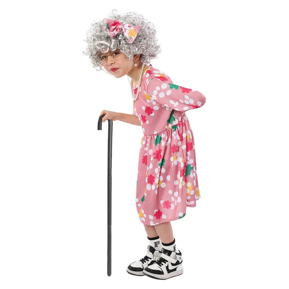 Costume de cosplay de grand-mère pour enfants, robe filet pour vieille dame, tenues de canne avec perruque, olympiques de performance sur scène, fête d'Halloween et de carnaval