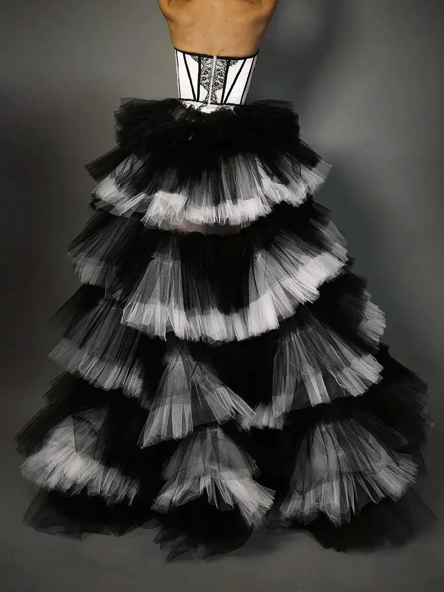 Mingli Tengda Tulle Black and White Overskirt Detachable Train Waist Tiered Puffy Mesh Removable Skirt Women