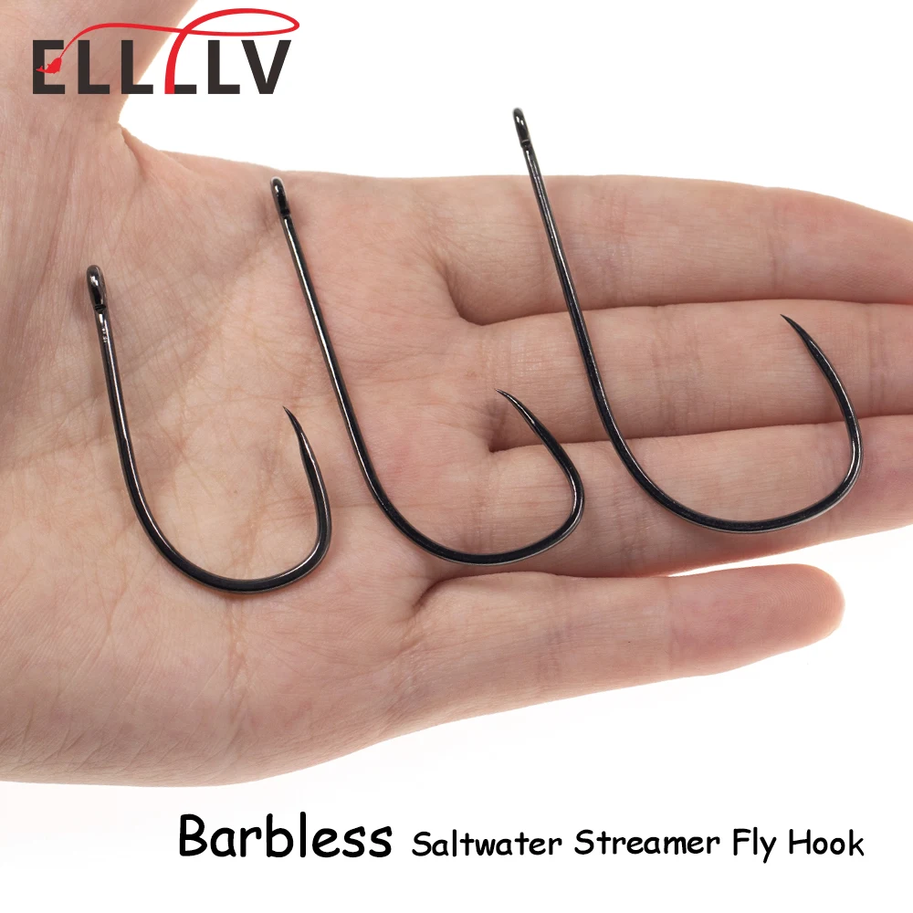 Elllv 20pcs 1# - 5/0 Barbless Saltwater Streamer Fly Hook High Carbon Steel Black Nickel Non-barbed Big Game Fishing Hook