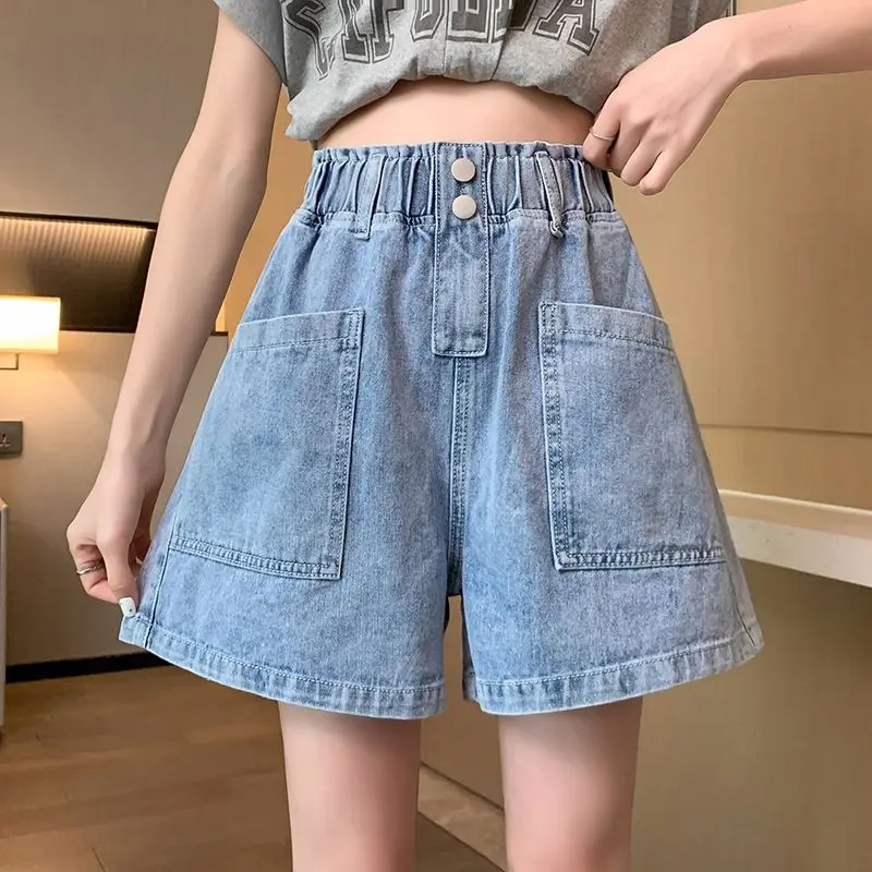 

Women's Summer Casual Denim Shorts Classic All-in-one Design Blue Washed Denim Multi-pocket Home Commuter High-waisted C271