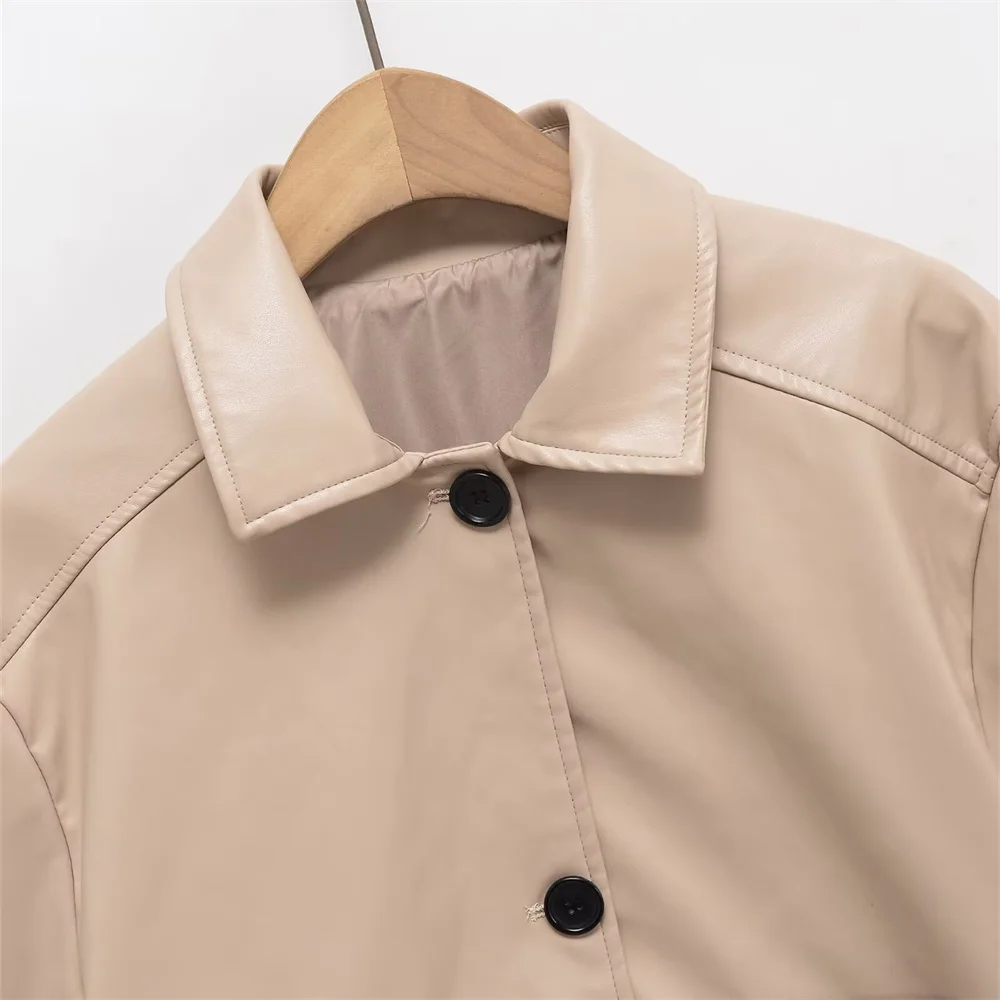 BMURHMZA レディース新作 シャツカラー 長袖 シングルブレスト スマート通勤スタイル ショート丈 テクスチャPUレザー風ジャケット