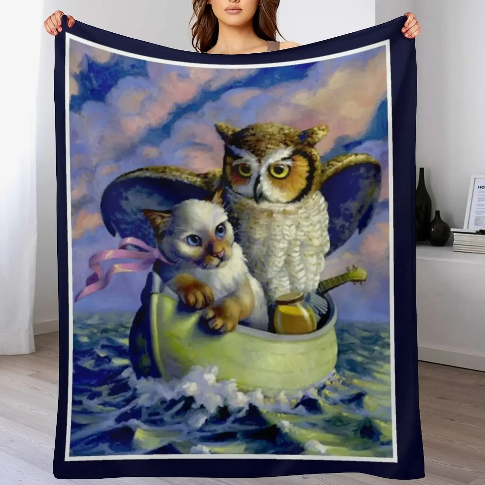 OWL and the PUSSYCAT : Vintage Art Nursery Rhyme Advertising Print Throw Blanket Quilt halloween Blankets