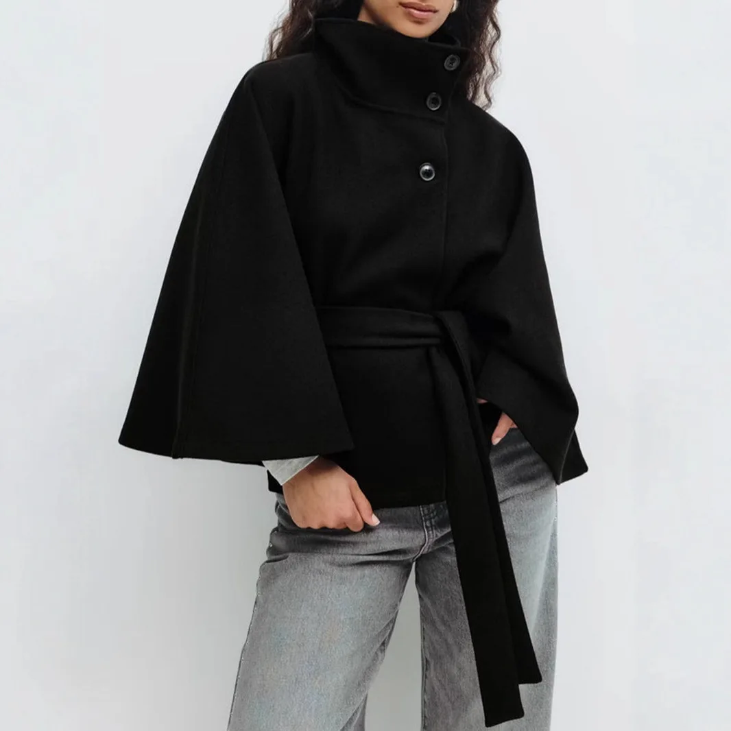 Damenjacken mit Schnürung und hohem Kragen, mit Gürtel, elegante Windjacke, aus Kunstwollmischgewebe, im Streetstyle, einfarbige Windjacke, Umhang. – Detail 6
