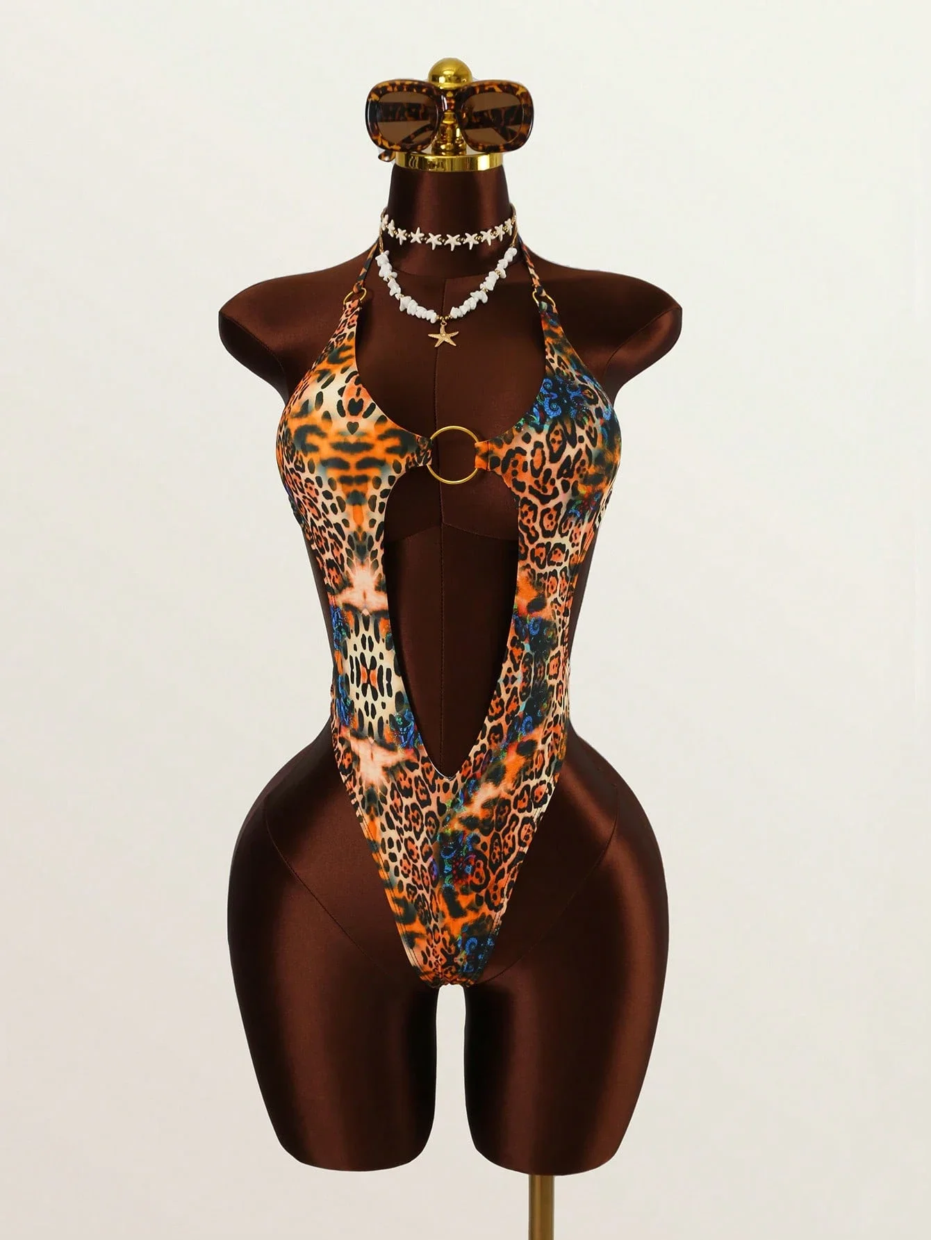 

Leopard Print Hollow Out Ring Bikini Set With Cover Up Skirt Beach Wear
