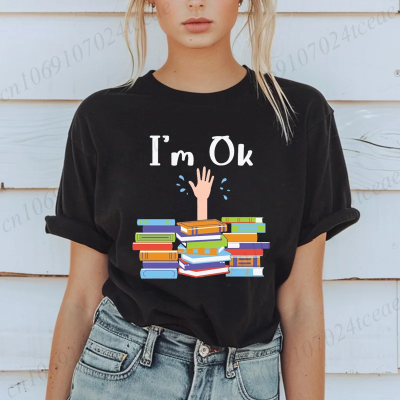 Women Funny Book Print T-shirt Girl Short Sleeve Crew Neck Casual Top for Summer & Spring, I'm Ok Bookish Reading Women Clothing