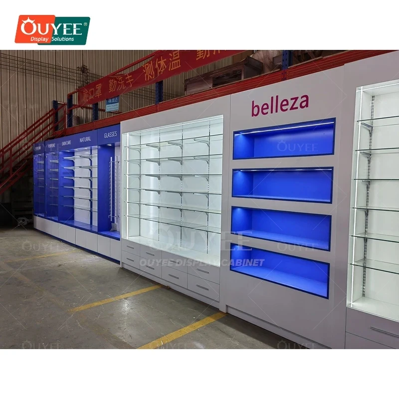 custom.Integrated Solution Chain Pharmacy Retail Solution Provider Visual Merchandising Pharmacy Glass Door Store Fittings