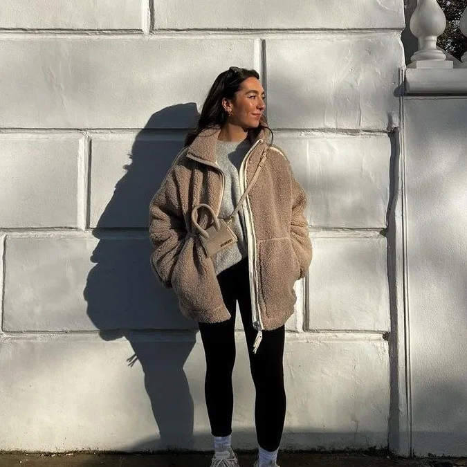 2026 Fall Women Solid High‑Collar Faux Shearling Coat, Relaxed Cozy Warm Wool‑Blend Winter Overcoat